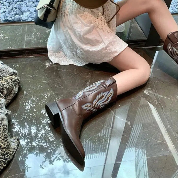 Embroidered brown cowboy boots — square toe and chunky mid-calf heel. - Ghoddosh