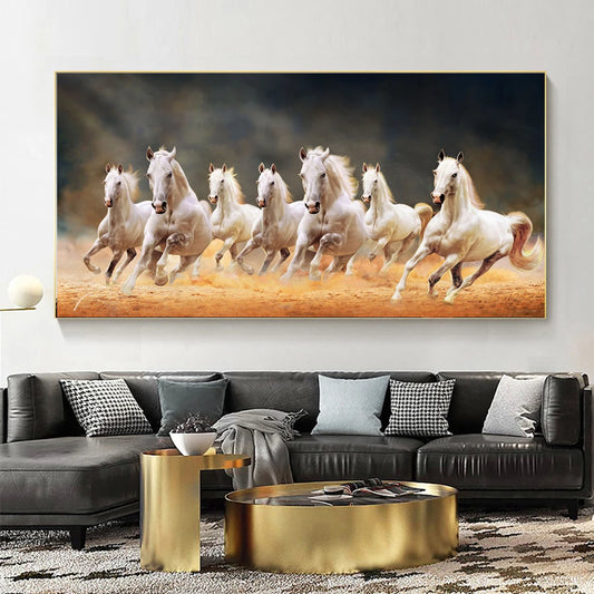 7 White Running Horses Canvas