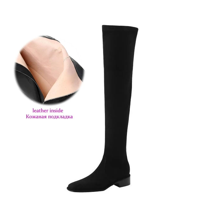 Elegant Modern Med Heels Square Toe Stretch Long Boots  , European Design Over-the-knee Boots - Ghoddosh