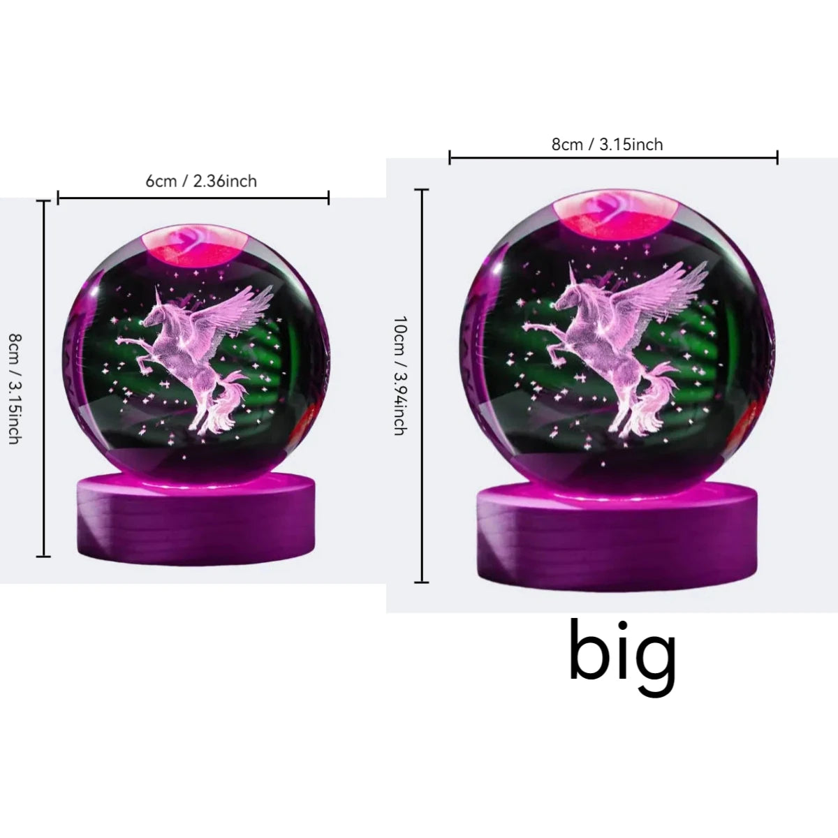 Unicorn 3D Laser Carved Crystal Ball, beautifully illuminated by a wooden-colored LED lamp holder - Ghoddosh