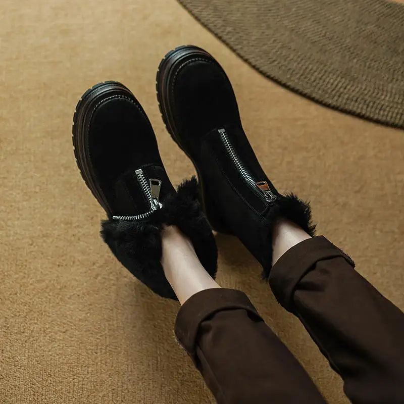 Cow Suede Round-Toe Winter Ankle Boots with Thick Fur Lining, Mid Heel with Front Zipper - Ghoddosh