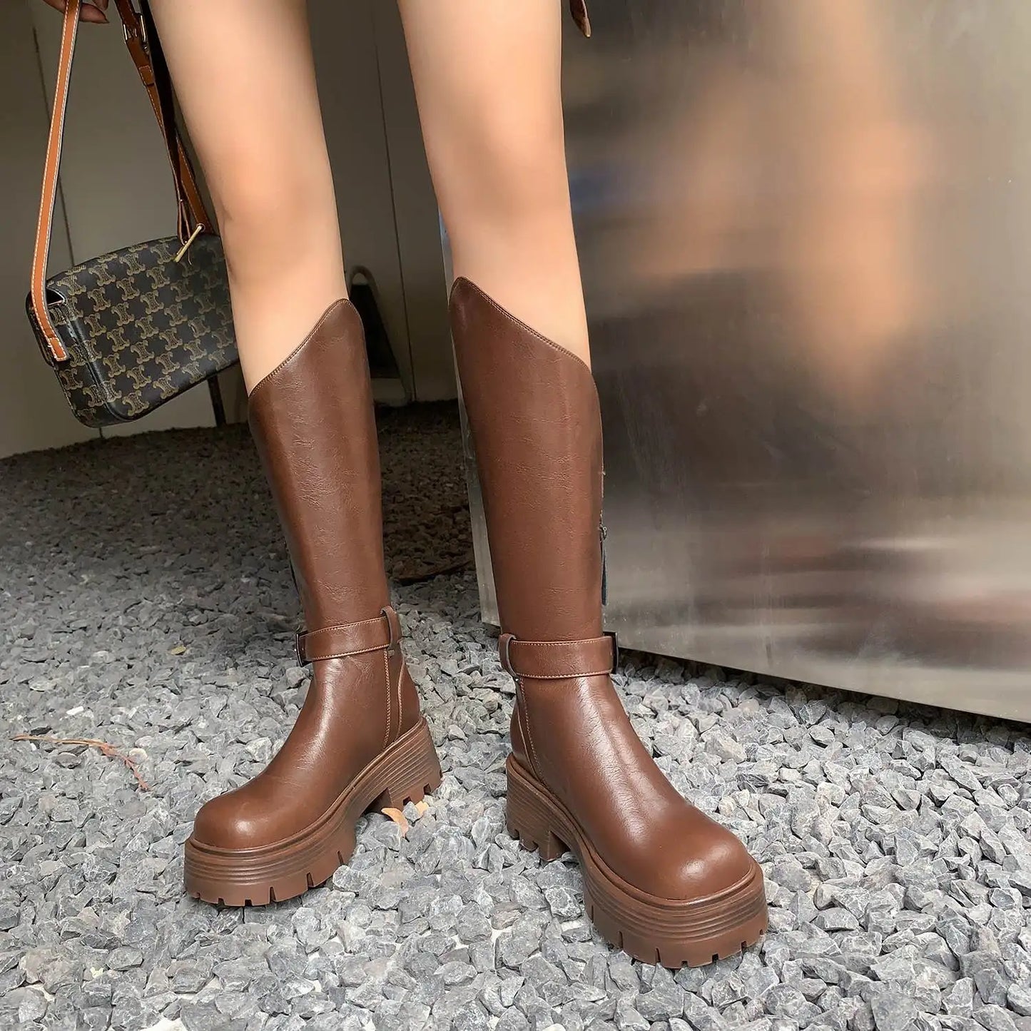 Handmade Full Grain Leather Round Toe Med Riding Heels / Long Boots Platform Deign Boots - Ghoddosh