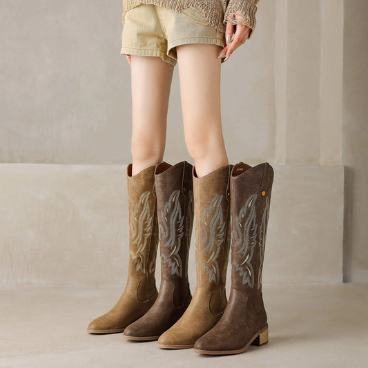 Cow Leather Embroider High Heels Modern Western Boots - Ghoddosh