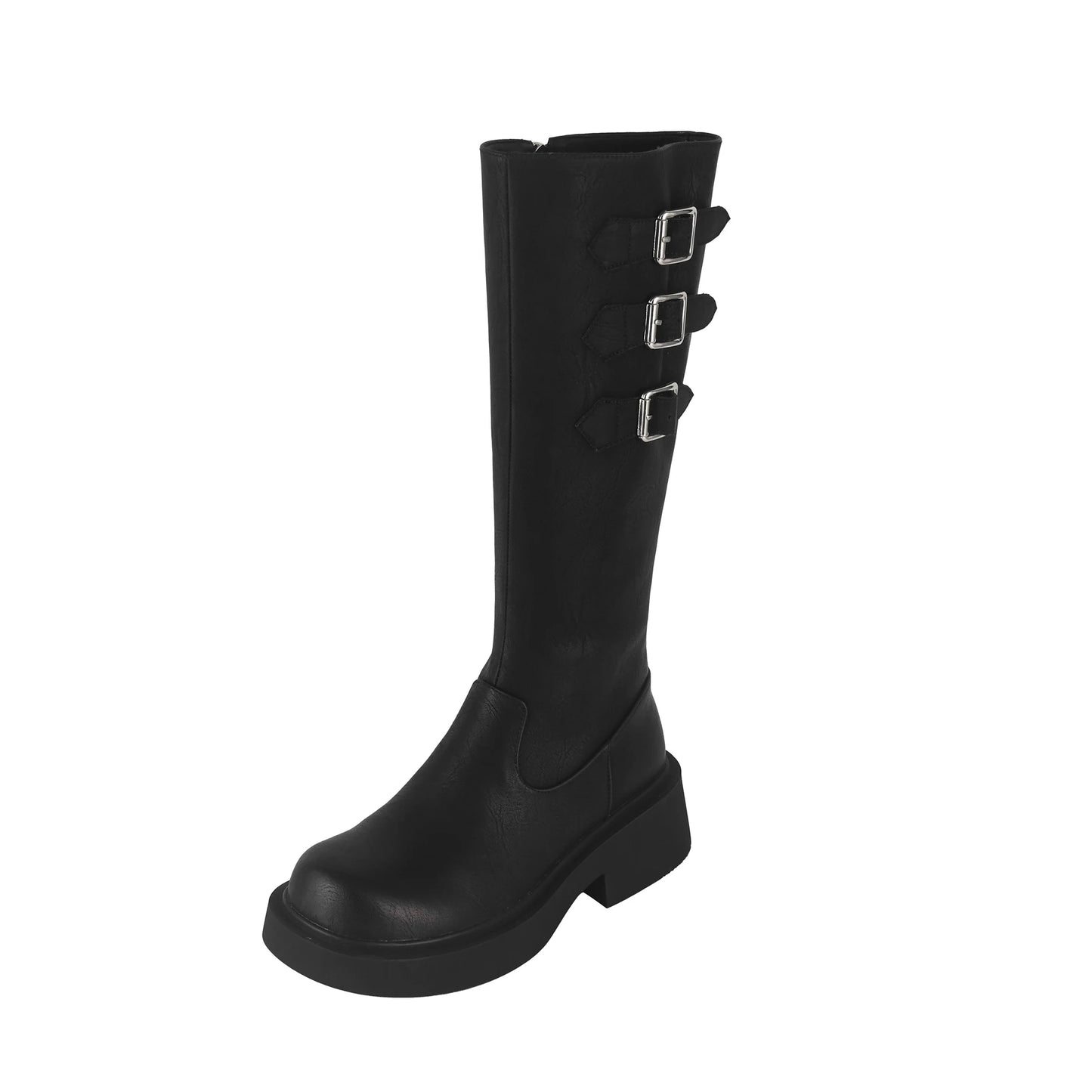 Cowhide Leather Knee-High Riding Boots — Women’s Warm Winter Heels with Belt Buckle - Ghoddosh