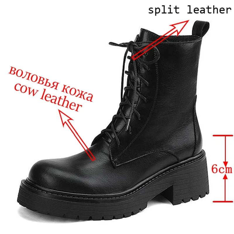 Genuine Leather Round Toe Thick High Heels Fashion Ankle Boots - Ghoddosh