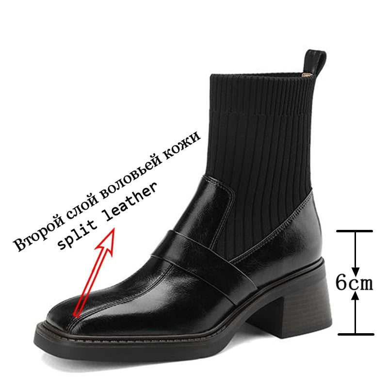 Retro Cow Split Leather Chelsea Boots — Square Toe, Platform Block Heel - Ghoddosh