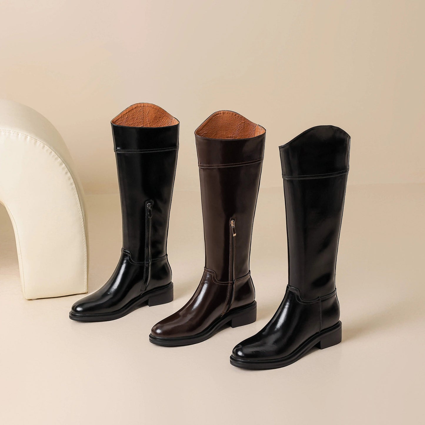 Luxurious Cow-Split Leather  High - Knee Riding Boots — Retro Round Toe, Mid Heels - Ghoddosh