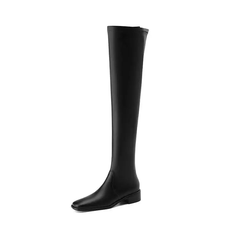 Elegant Modern Med Heels Square Toe Stretch Long Boots  , European Design Over-the-knee Boots - Ghoddosh
