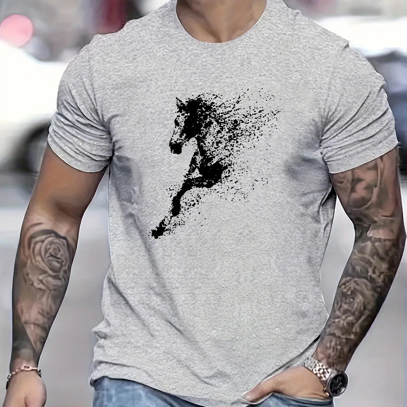 Men's Cotton Fashionable Casual Loose Large Black Horse Printed Pattern Short Sleeve T-shirt - Ghoddosh