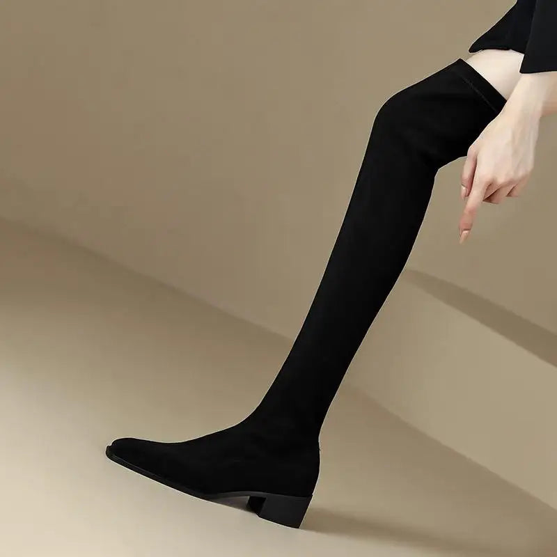 English Style Med Heels Thin Leg Square Toe   , New Stretch Slip on Over-the-knee Boots - Ghoddosh