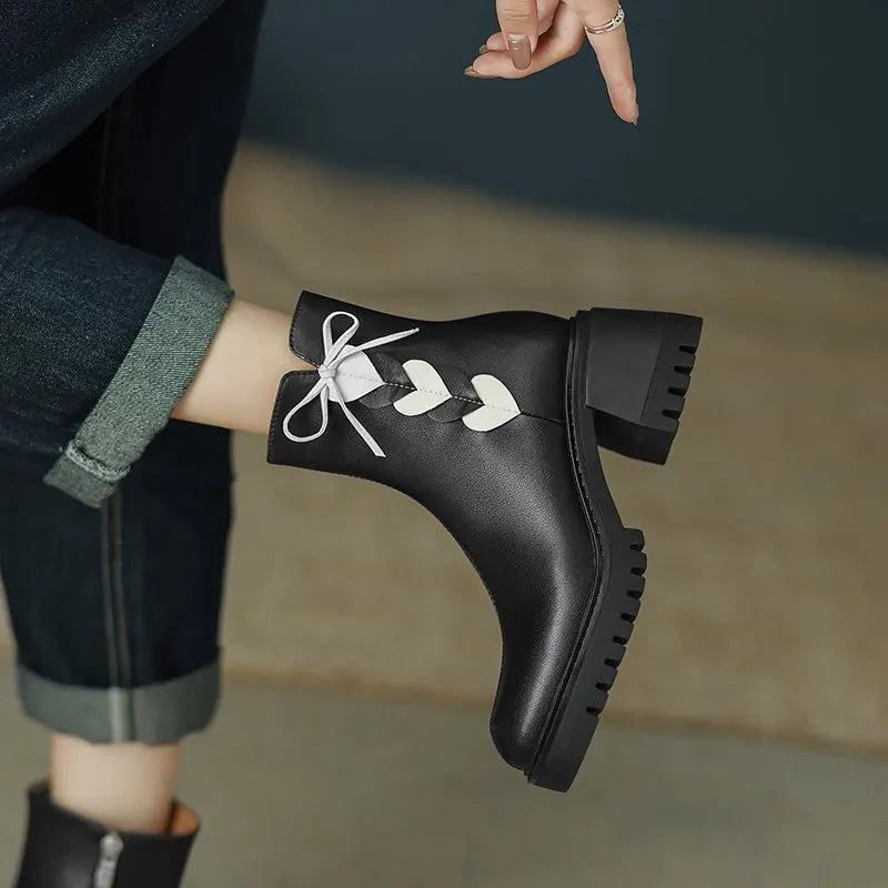 2026 Full Grain Leather , Square Toe , Thick High Heels Retro Fashion  Handmade Bowtie  - with Hearts  - Ghoddosh