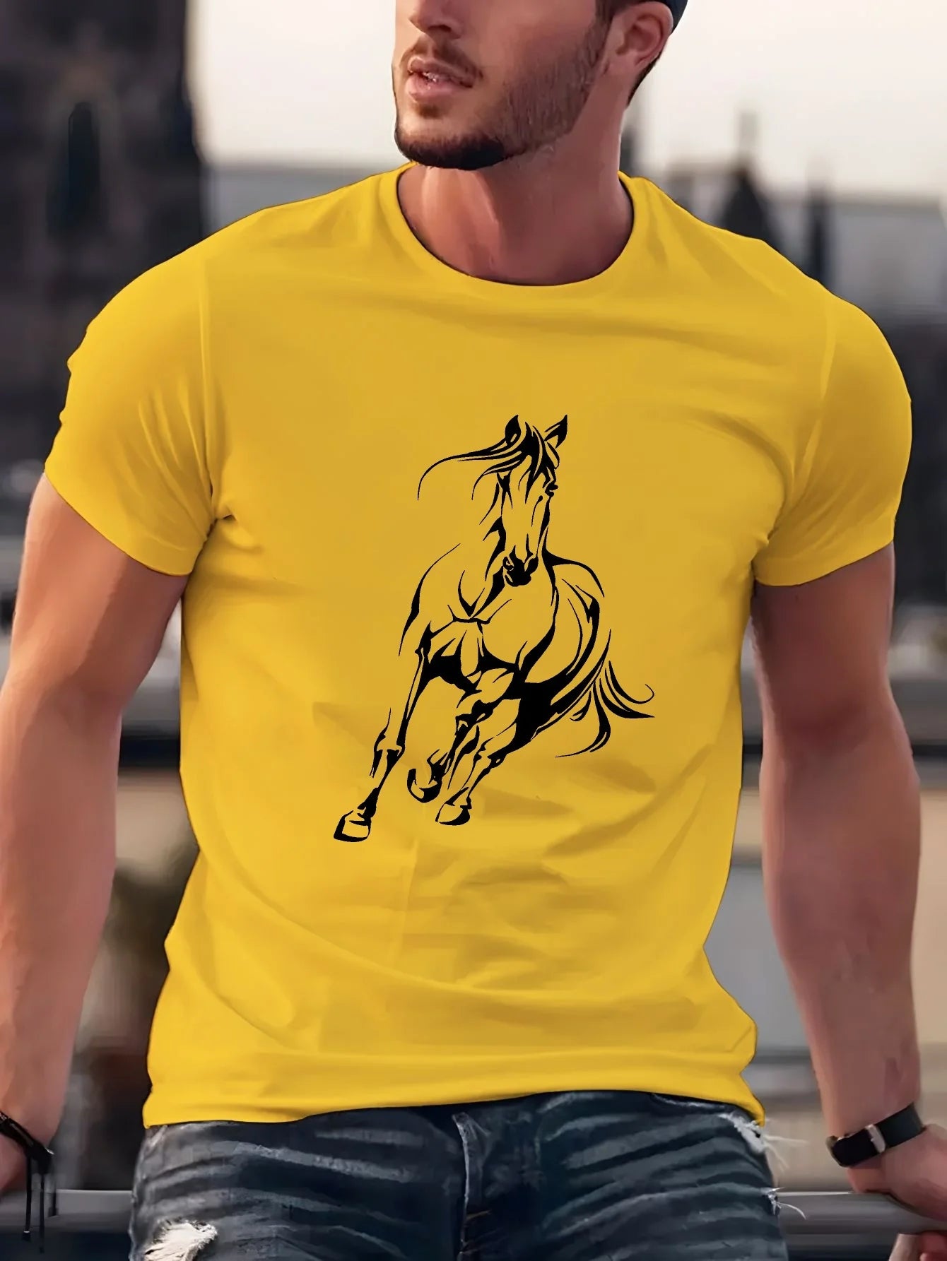 Men's  pure cotton fashionable casual  running horse pattern T- Shirt  - Ghoddosh