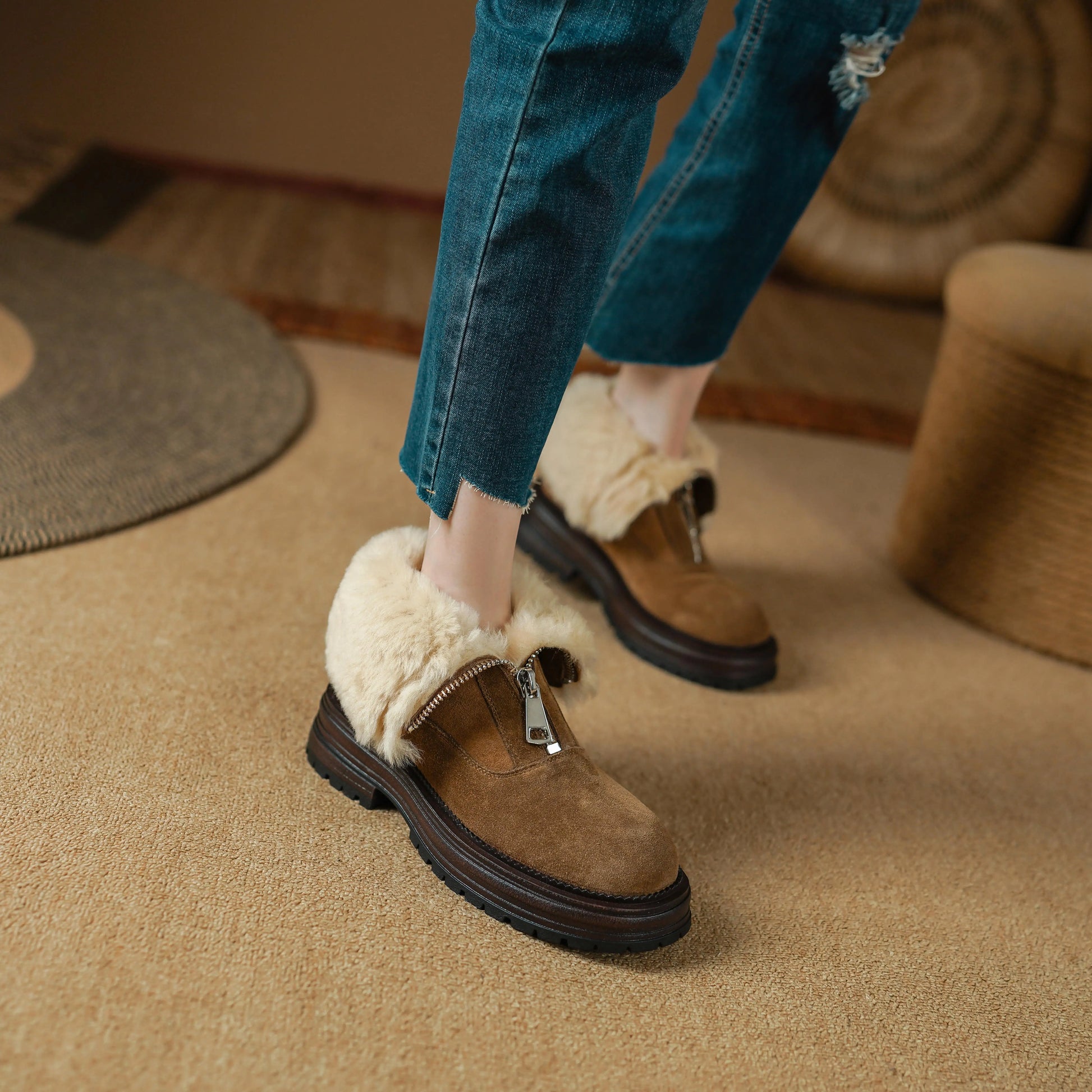 Cow Suede Round-Toe Winter Ankle Boots with Thick Fur Lining, Mid Heel with Front Zipper - Ghoddosh