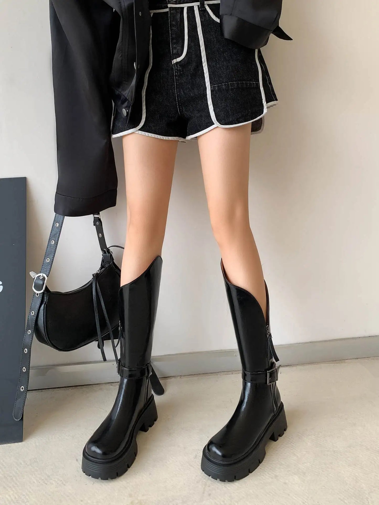 Handmade Full Grain Leather Round Toe Med Riding Heels / Long Boots Platform Deign Boots - Ghoddosh