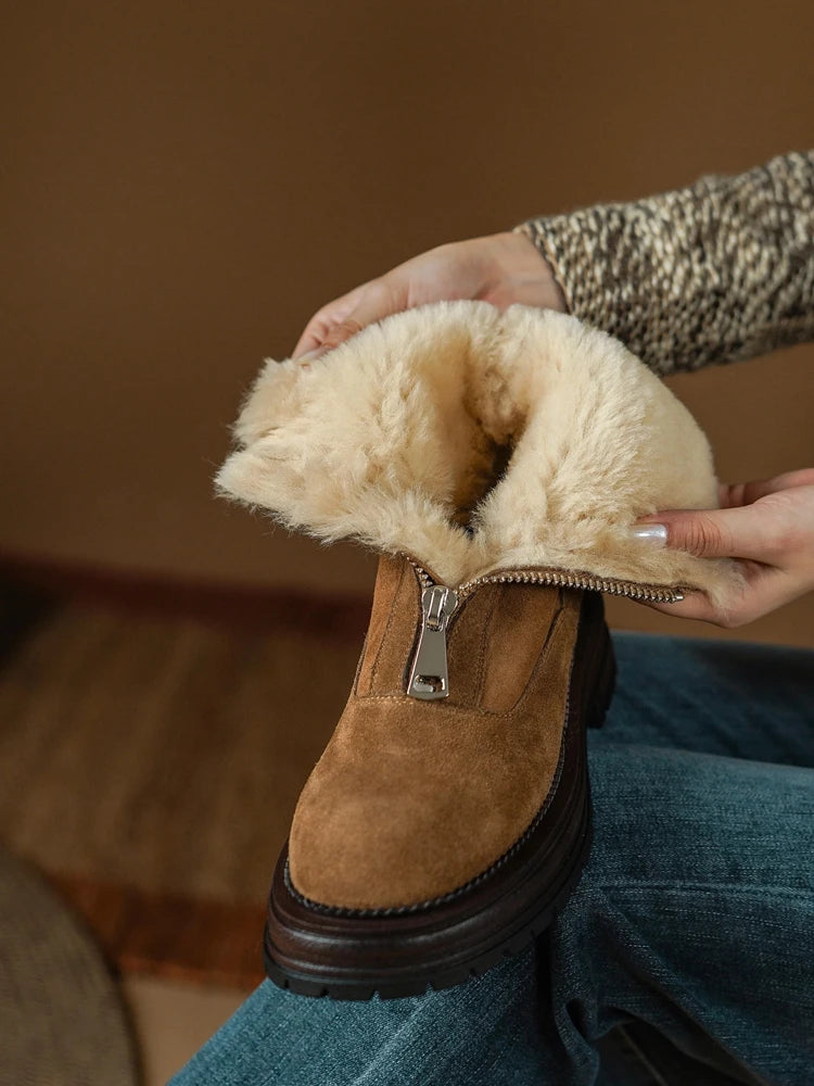Cow Suede Round-Toe Winter Ankle Boots with Thick Fur Lining, Mid Heel with Front Zipper - Ghoddosh