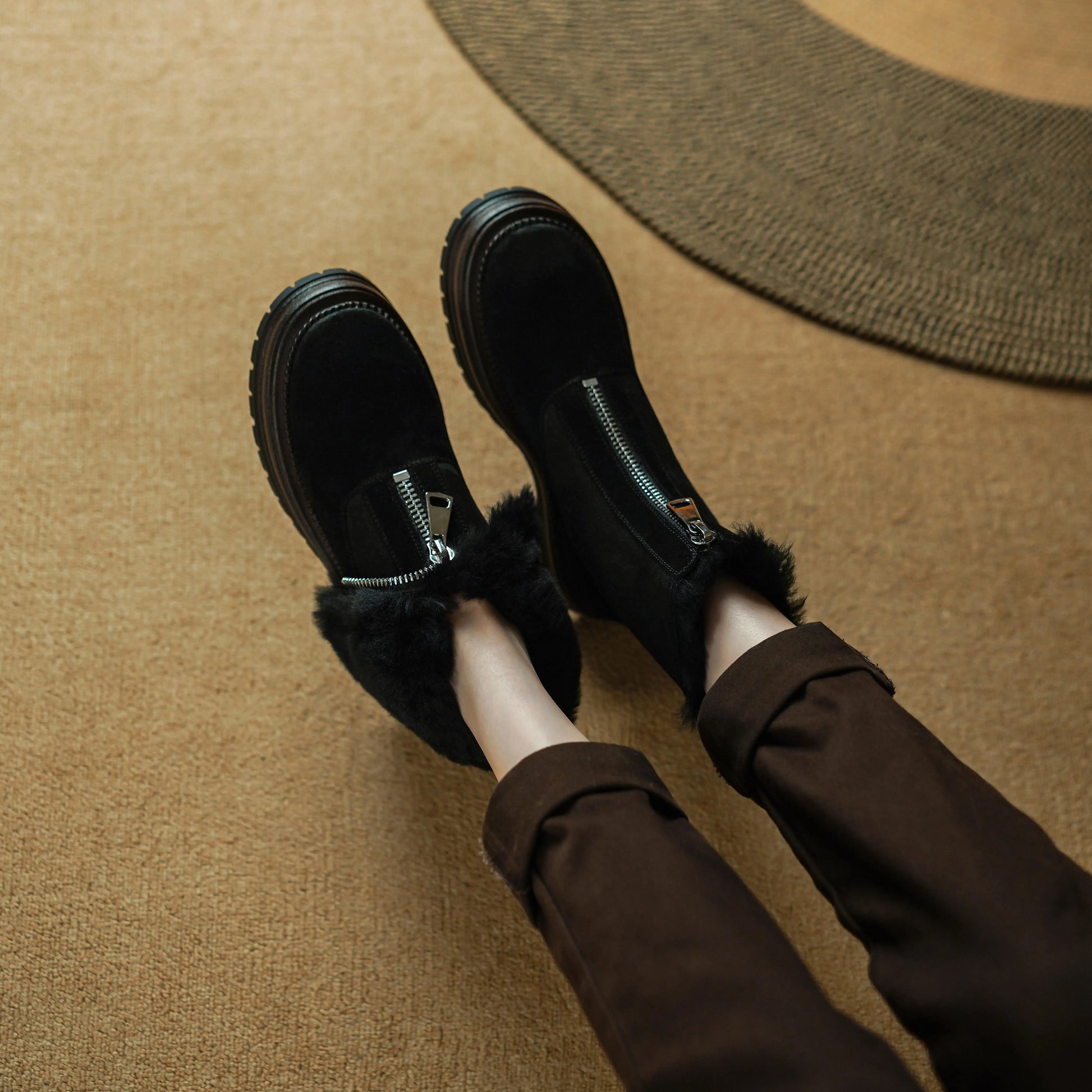 Cow Suede Round-Toe Winter Ankle Boots with Thick Fur Lining, Mid Heel with Front Zipper - Ghoddosh