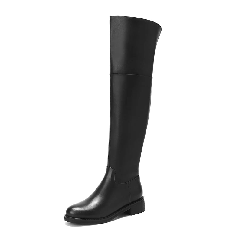 Black Classic Over‑the‑Knee Boots — Cow Leather, Mid Heel, Simple Daily Style - Ghoddosh