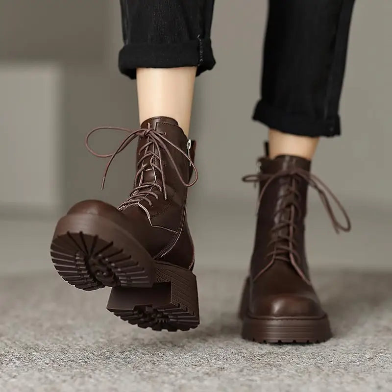 Genuine Leather Round Toe Thick High Heels Fashion Ankle Boots - Ghoddosh