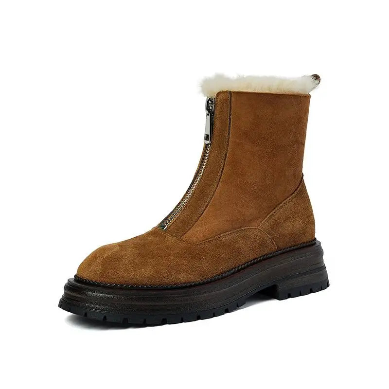 Cow Suede Round-Toe Winter Ankle Boots with Thick Fur Lining, Mid Heel with Front Zipper - Ghoddosh