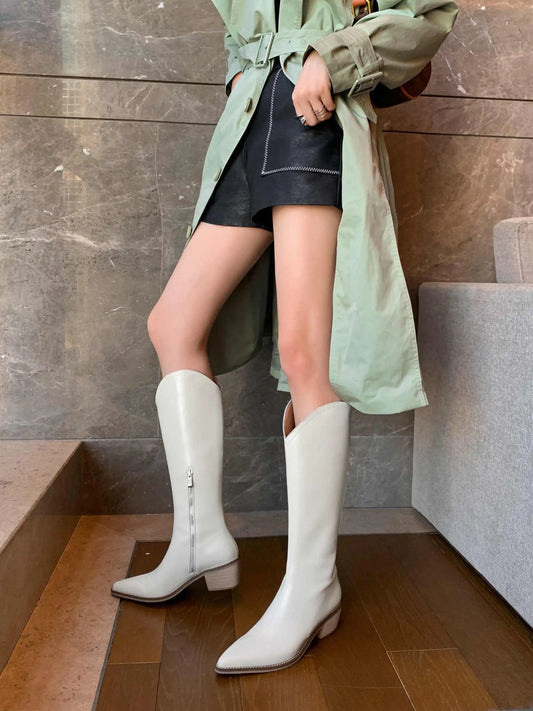 New Arrival Chic Cow Leather  Pointed Toe Riding Boots - Ghoddosh