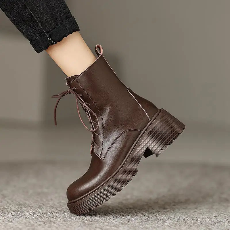Genuine Leather Round Toe Thick High Heels Fashion Ankle Boots - Ghoddosh