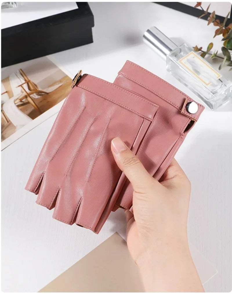Women PU Leather Fingerless Gloves  Half Finger Outdoor Tactical Leather Gloves . Ghoddosh