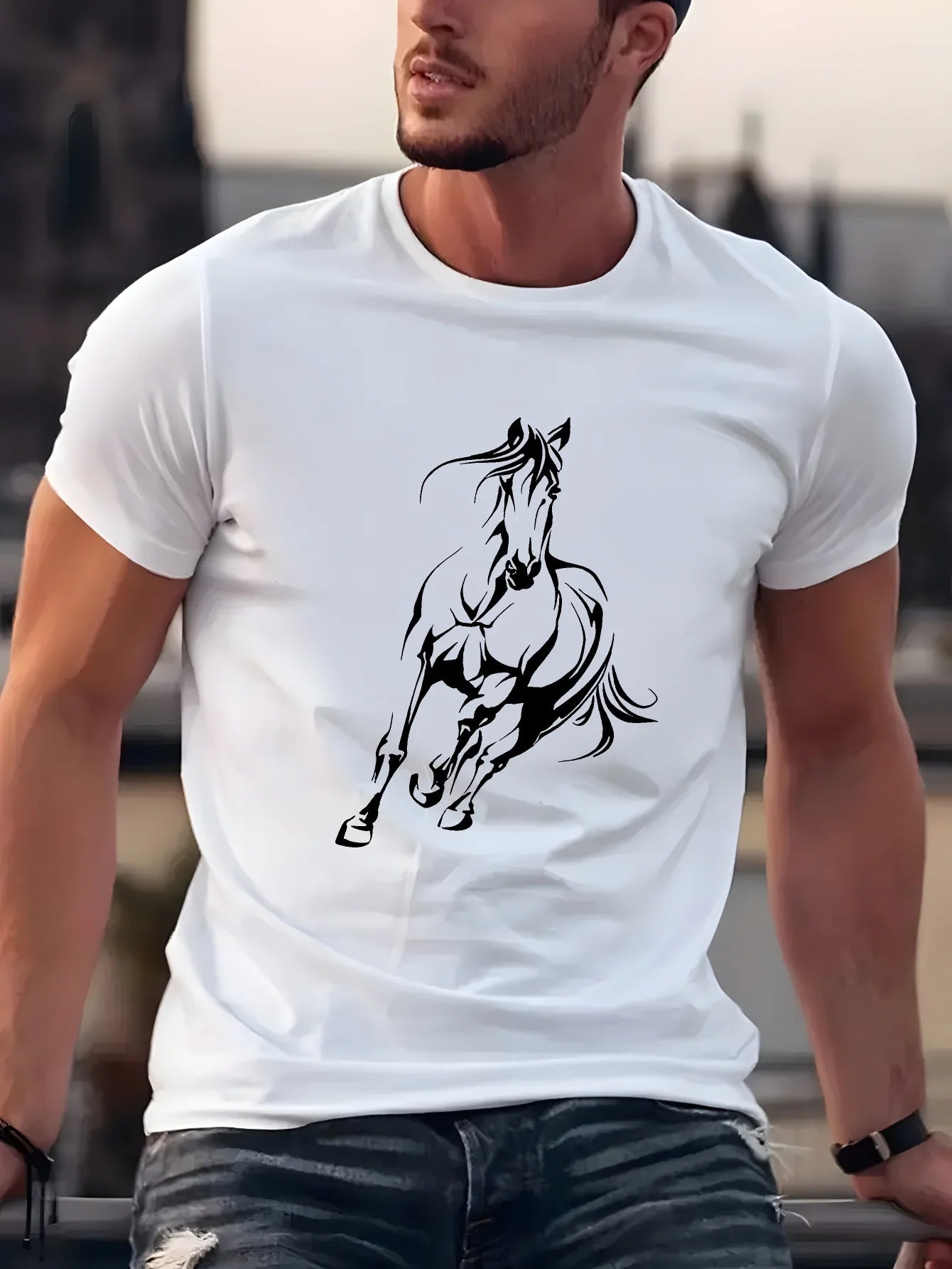 Men's  pure cotton fashionable casual  running horse pattern T- Shirt  - Ghoddosh