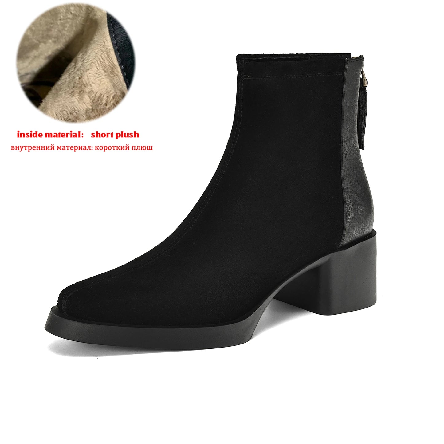 Premium Equestrian Suede Ankle Boots — Plus Sizes 34–43, Square Toe Mid Heels, Warm Winter Comfort - Ghoddosh
