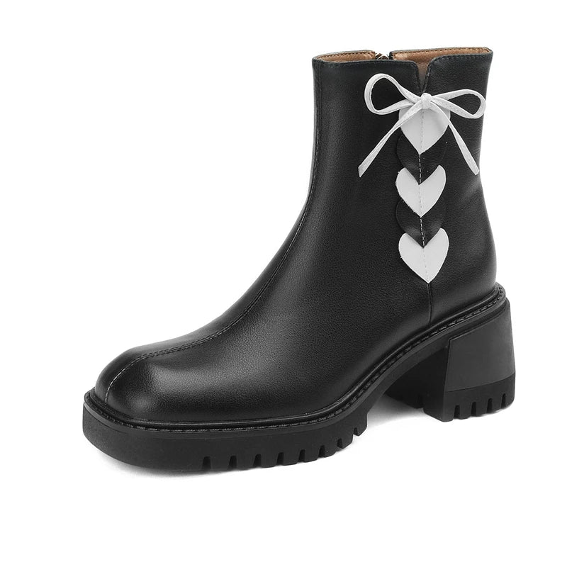 2026 Full Grain Leather , Square Toe , Thick High Heels Retro Fashion  Handmade Bowtie  - with Hearts  - Ghoddosh