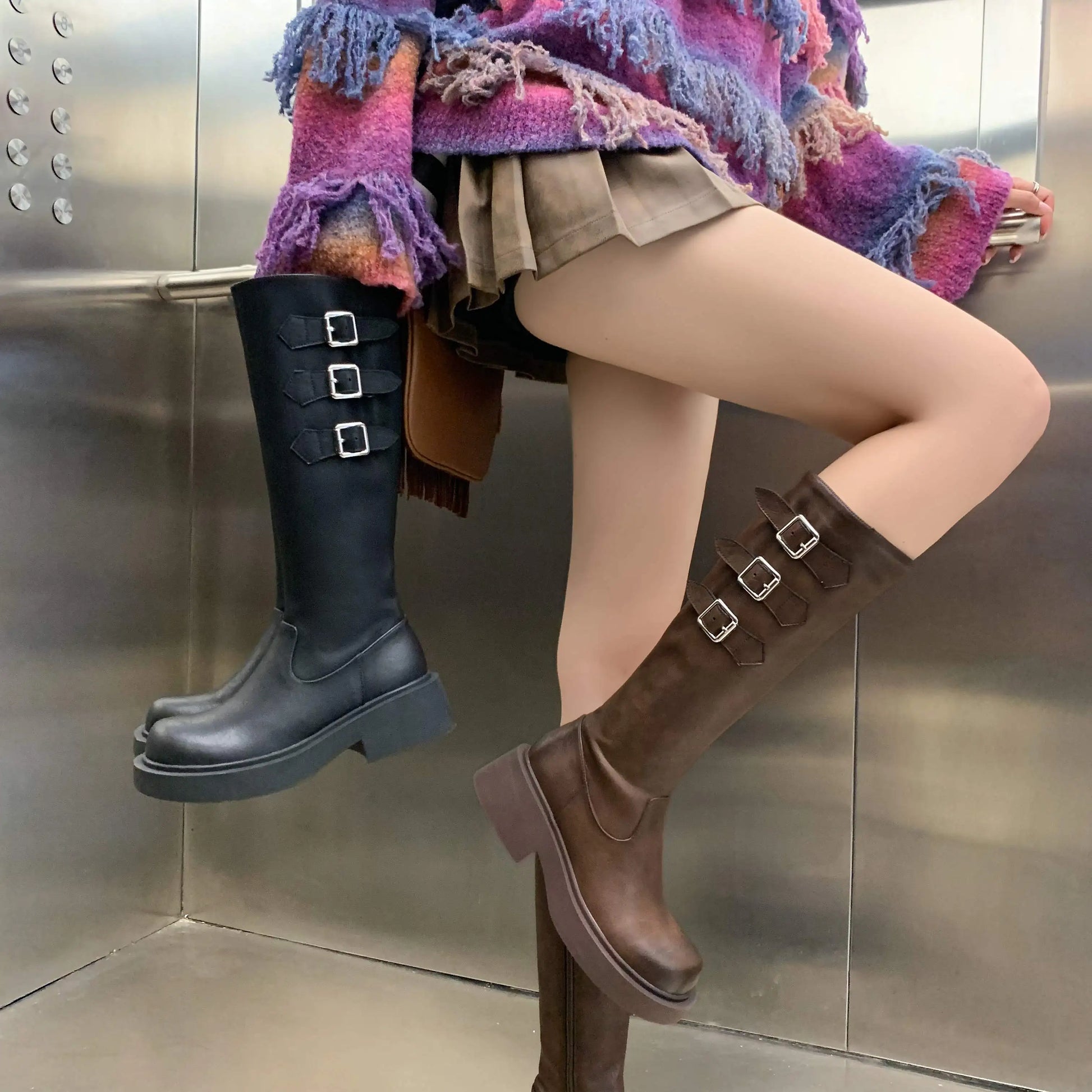 Cowhide Leather Knee-High Riding Boots — Women’s Warm Winter Heels with Belt Buckle - Ghoddosh
