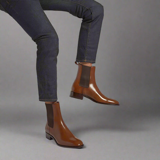 Men's Brown Patent Leather Stretch Boots Almond Toe Slip-On - Ghoddosh