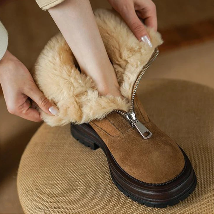 Cow Suede Round-Toe Winter Ankle Boots with Thick Fur Lining, Mid Heel with Front Zipper - Ghoddosh