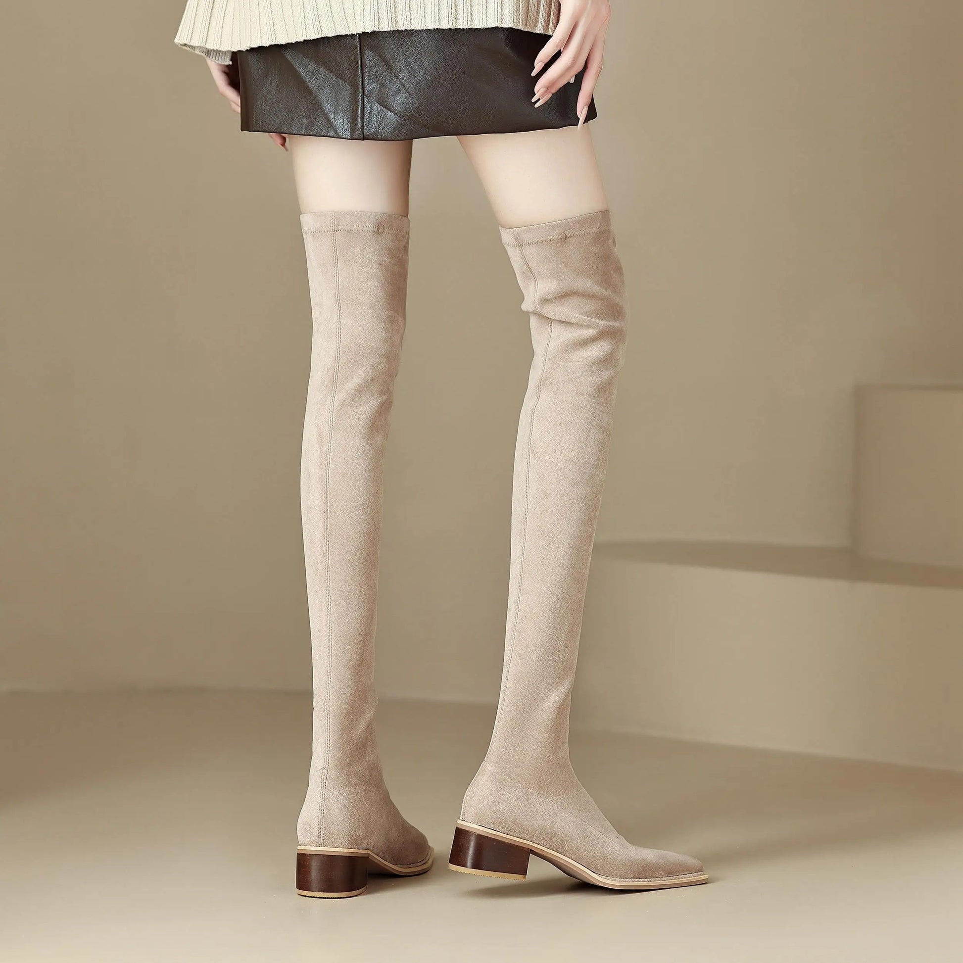 English Style Med Heels Thin Leg Square Toe   , New Stretch Slip on Over-the-knee Boots - Ghoddosh
