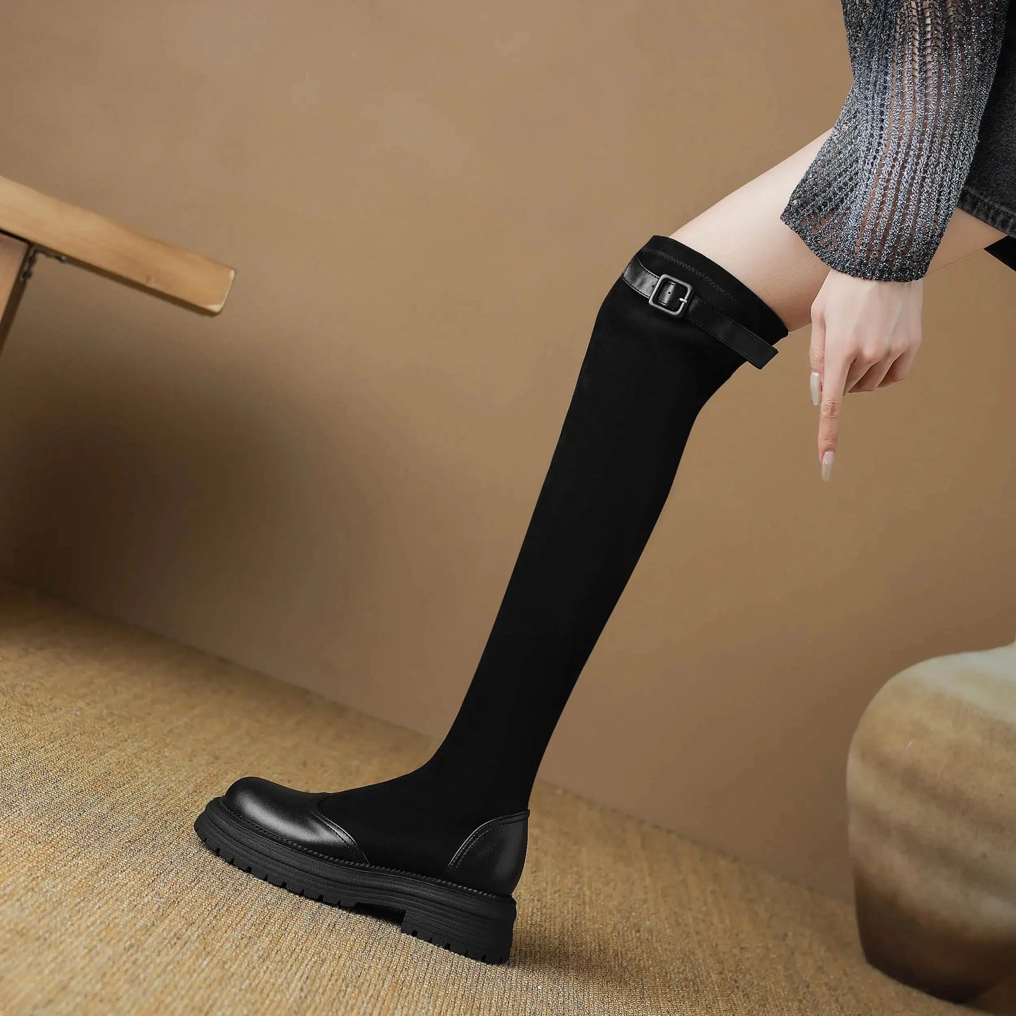 Microfiber Flock Chunky med Heels Round Toe Stretch Long Boots with buckles - Ghoddosh