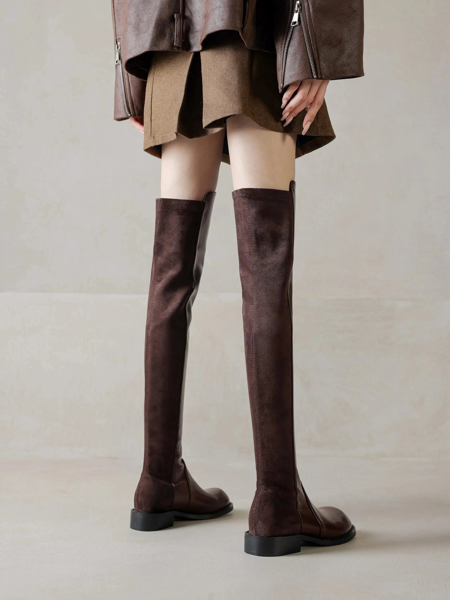 Microfiber Low Heels Round Toe Stretch Long Boots - Ghoddosh