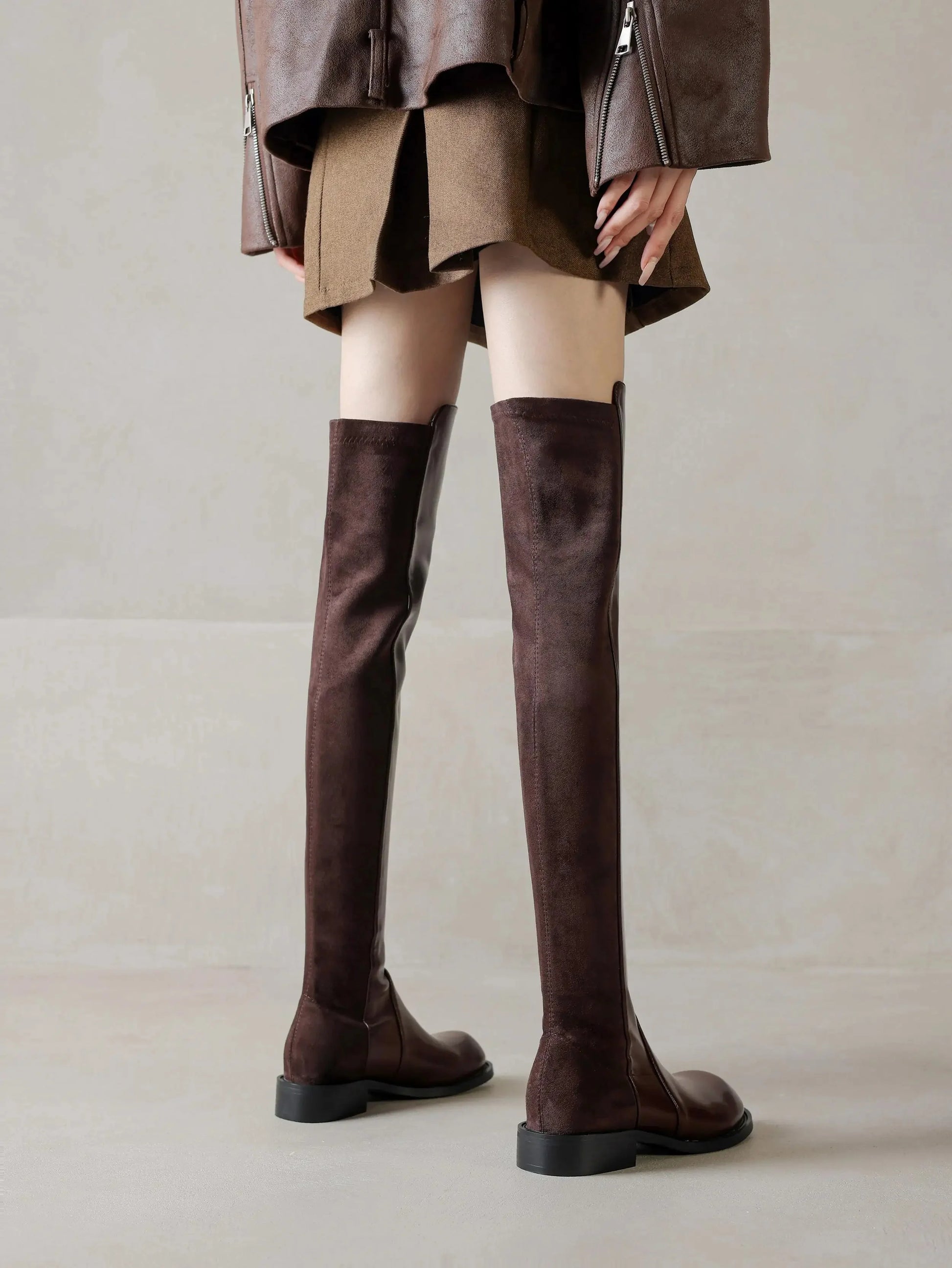 Microfiber Low Heels Round Toe Stretch Long Boots - Ghoddosh