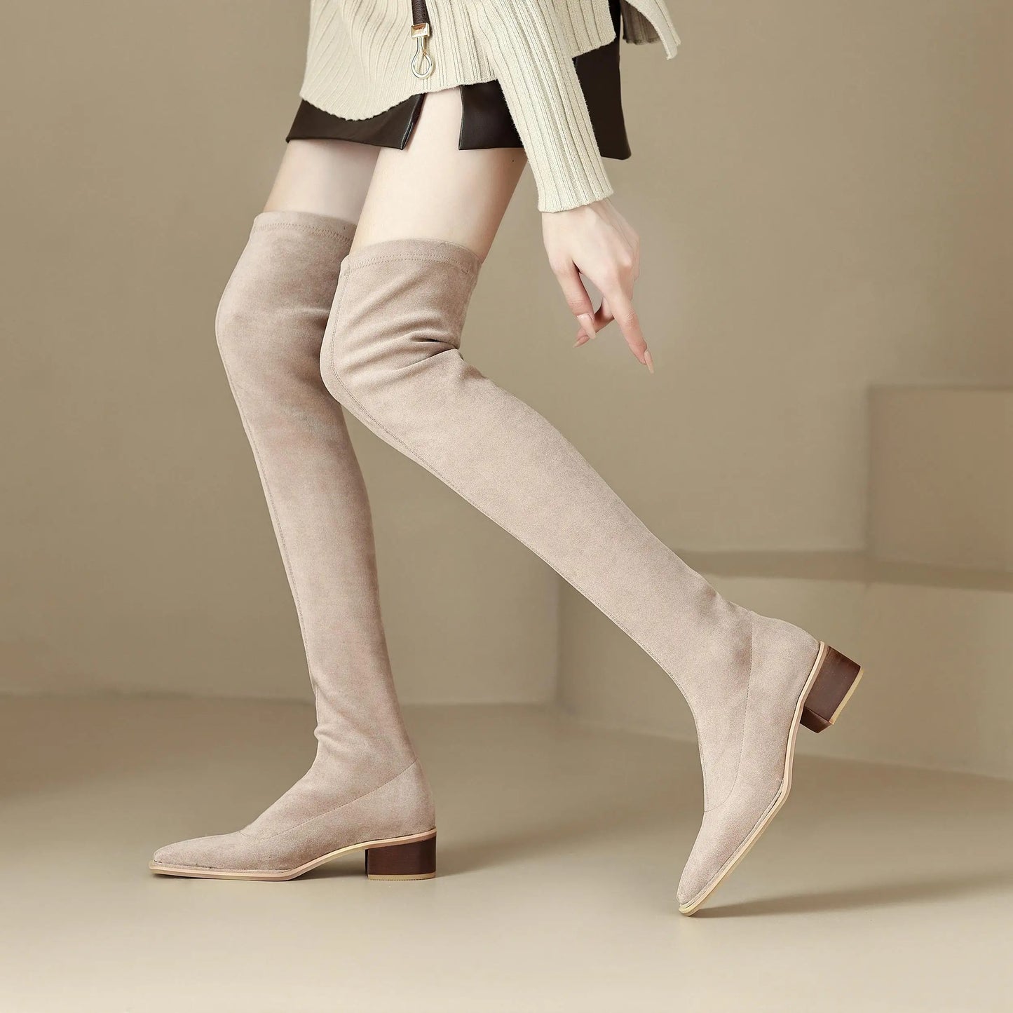 English Style Med Heels Thin Leg Square Toe   , New Stretch Slip on Over-the-knee Boots - Ghoddosh