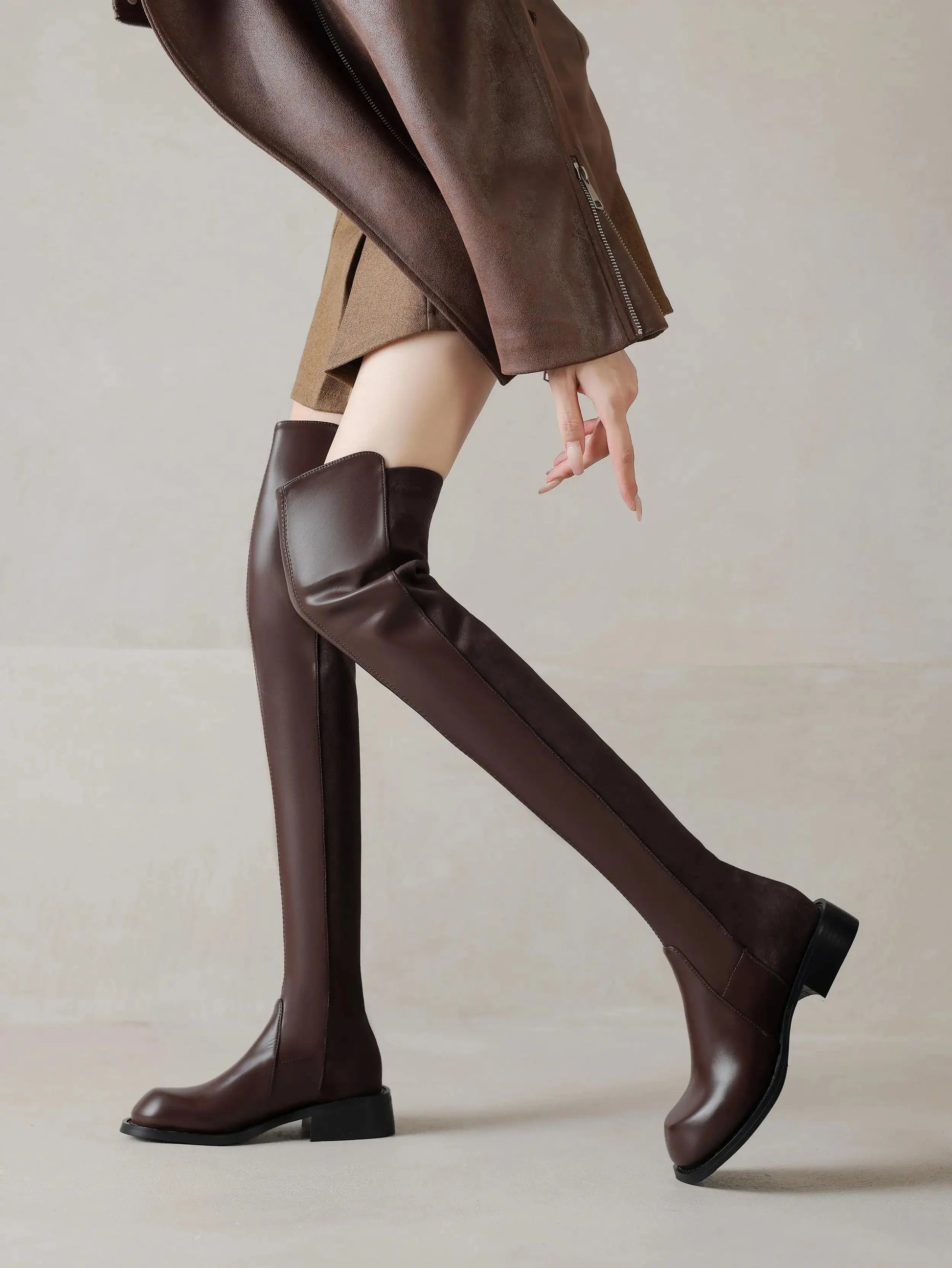 Microfiber Low Heels Round Toe Stretch Long Boots - Ghoddosh