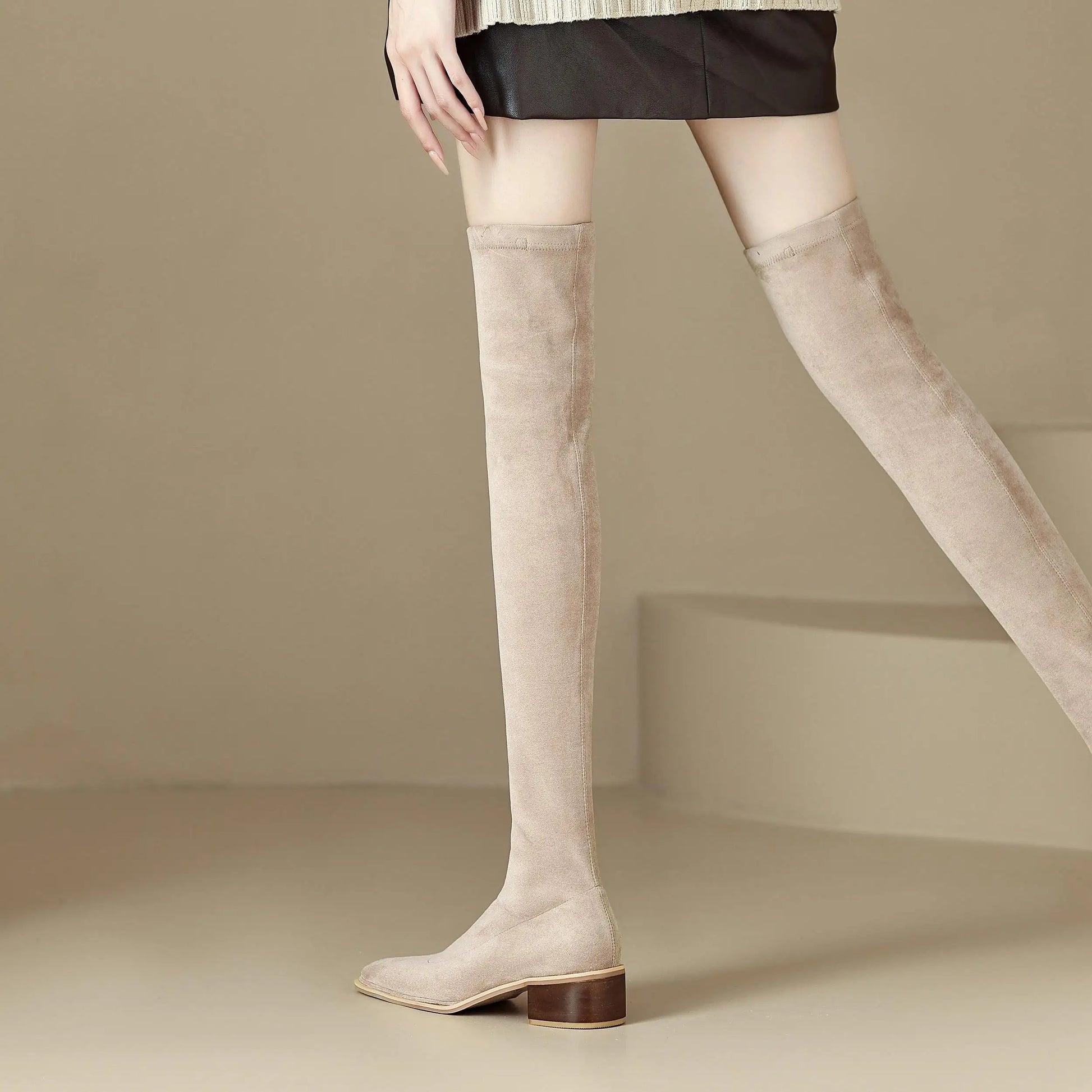 English Style Med Heels Thin Leg Square Toe   , New Stretch Slip on Over-the-knee Boots - Ghoddosh