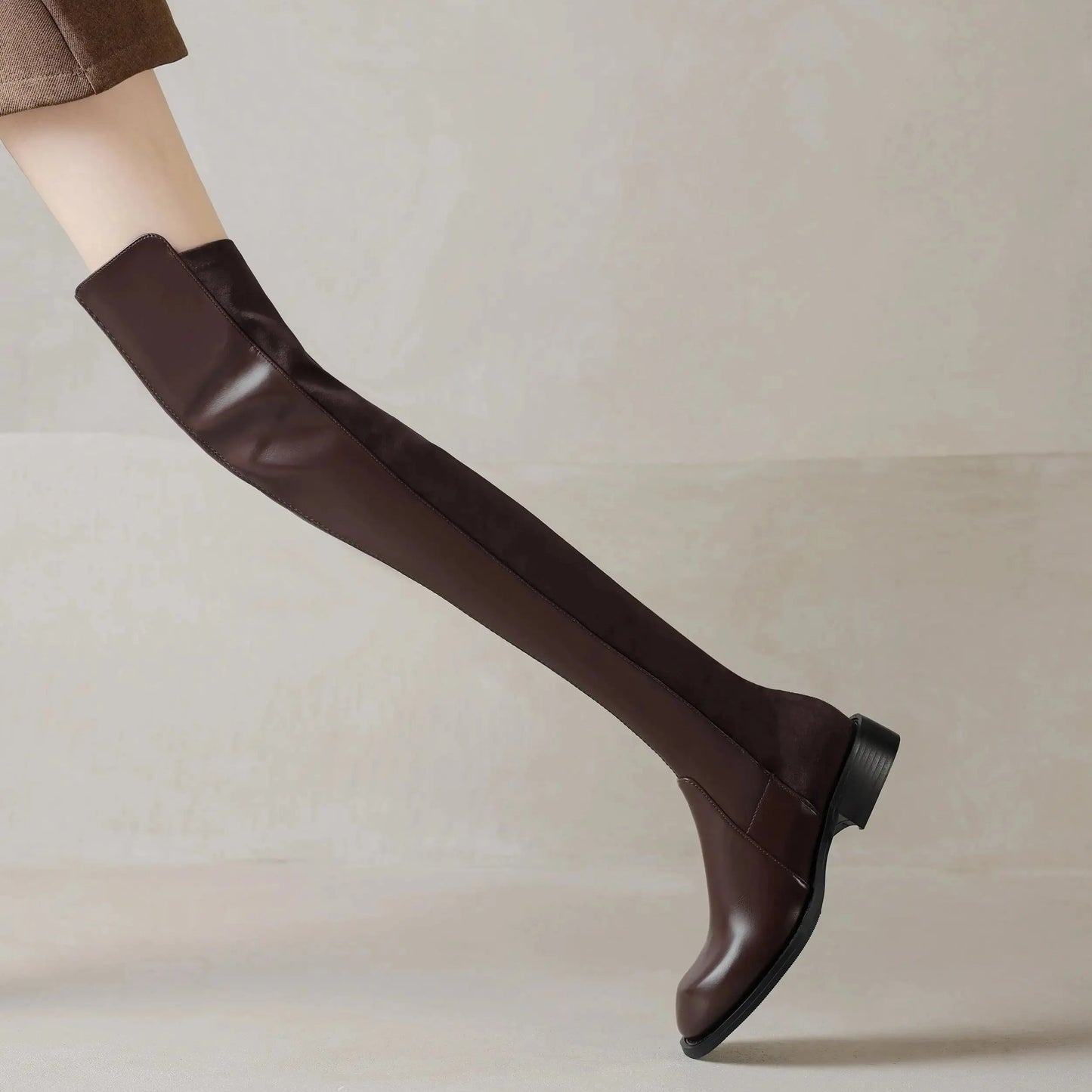 Microfiber Low Heels Round Toe Stretch Long Boots - Ghoddosh