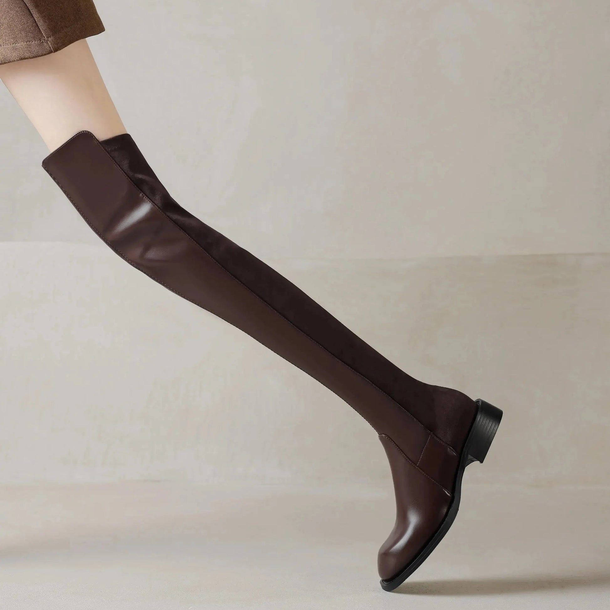 Microfiber Low Heels Round Toe Stretch Long Boots - Ghoddosh