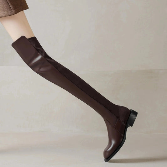Microfiber Low Heels Round Toe Stretch Long Boots - Ghoddosh