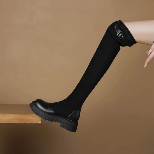 Microfiber Flock Chunky med Heels Round Toe Stretch Long Boots with buckles - Ghoddosh
