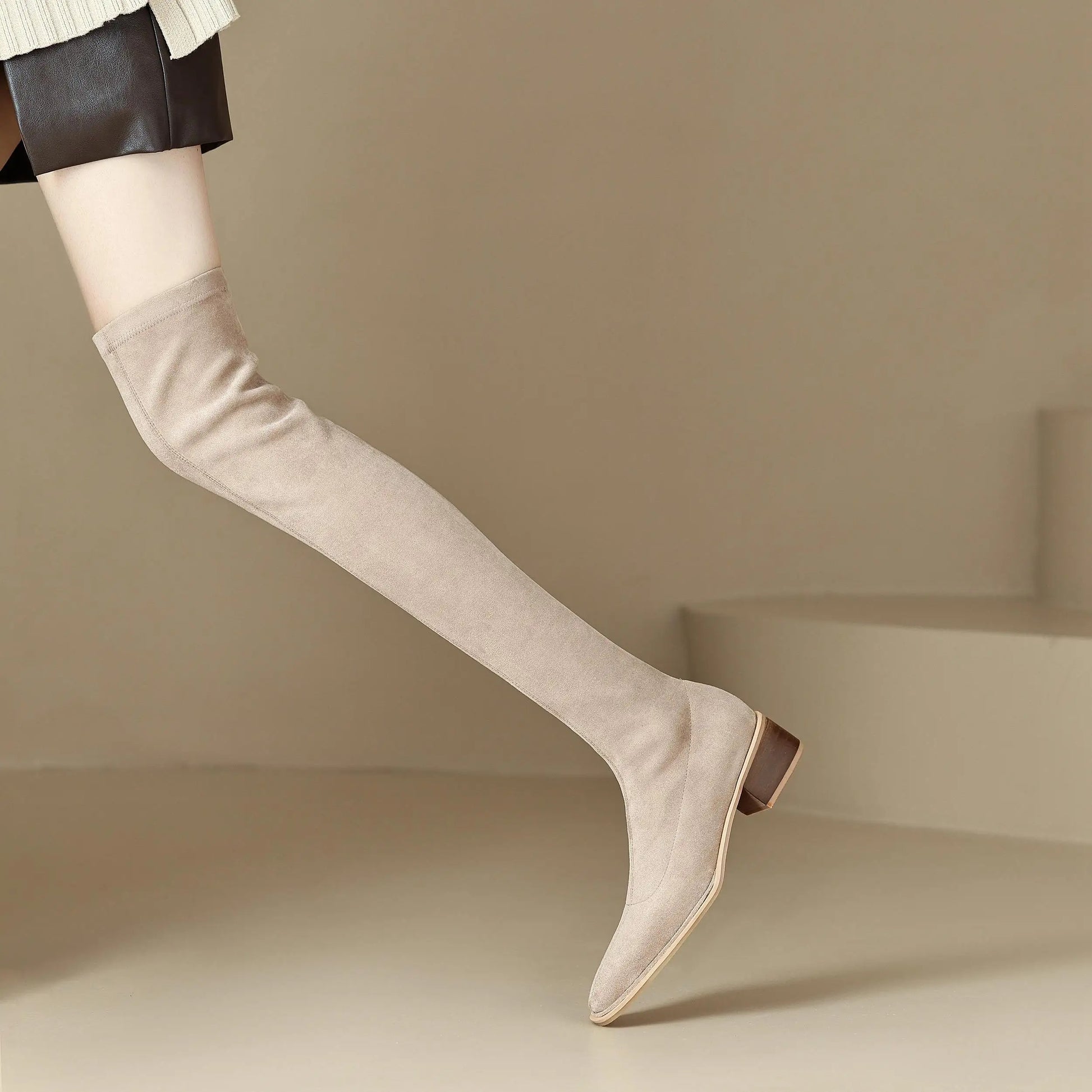 English Style Med Heels Thin Leg Square Toe   , New Stretch Slip on Over-the-knee Boots - Ghoddosh