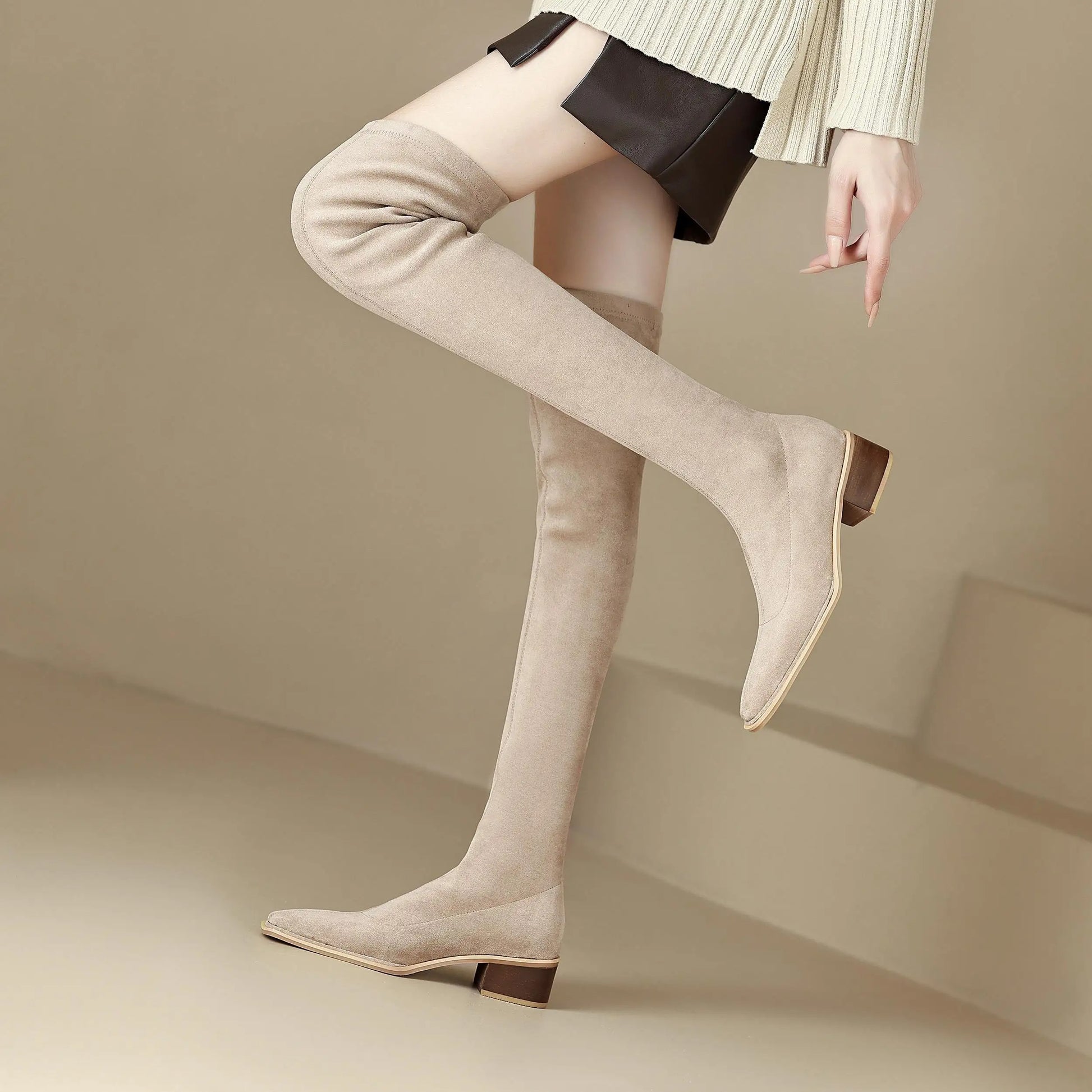 English Style Med Heels Thin Leg Square Toe   , New Stretch Slip on Over-the-knee Boots - Ghoddosh