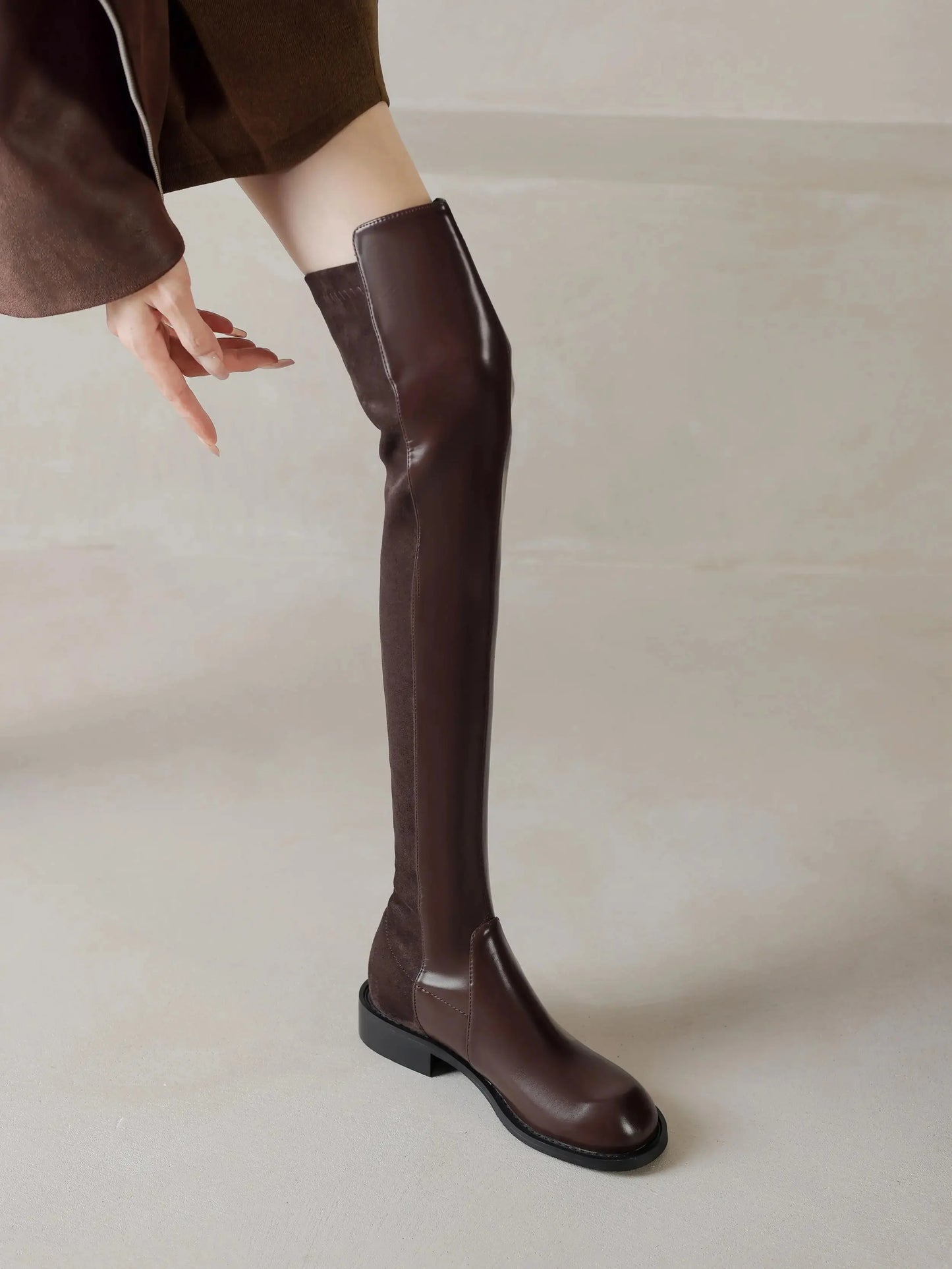 Microfiber Low Heels Round Toe Stretch Long Boots - Ghoddosh