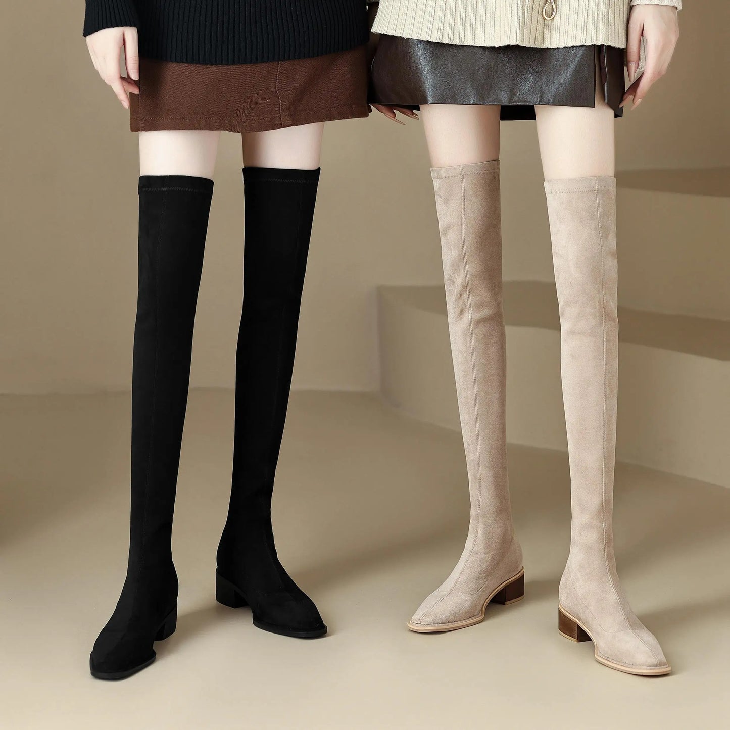 English Style Med Heels Thin Leg Square Toe   , New Stretch Slip on Over-the-knee Boots - Ghoddosh