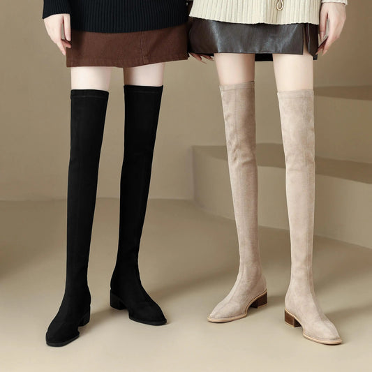 English Style Med Heels Thin Leg Square Toe   , New Stretch Slip on Over-the-knee Boots - Ghoddosh