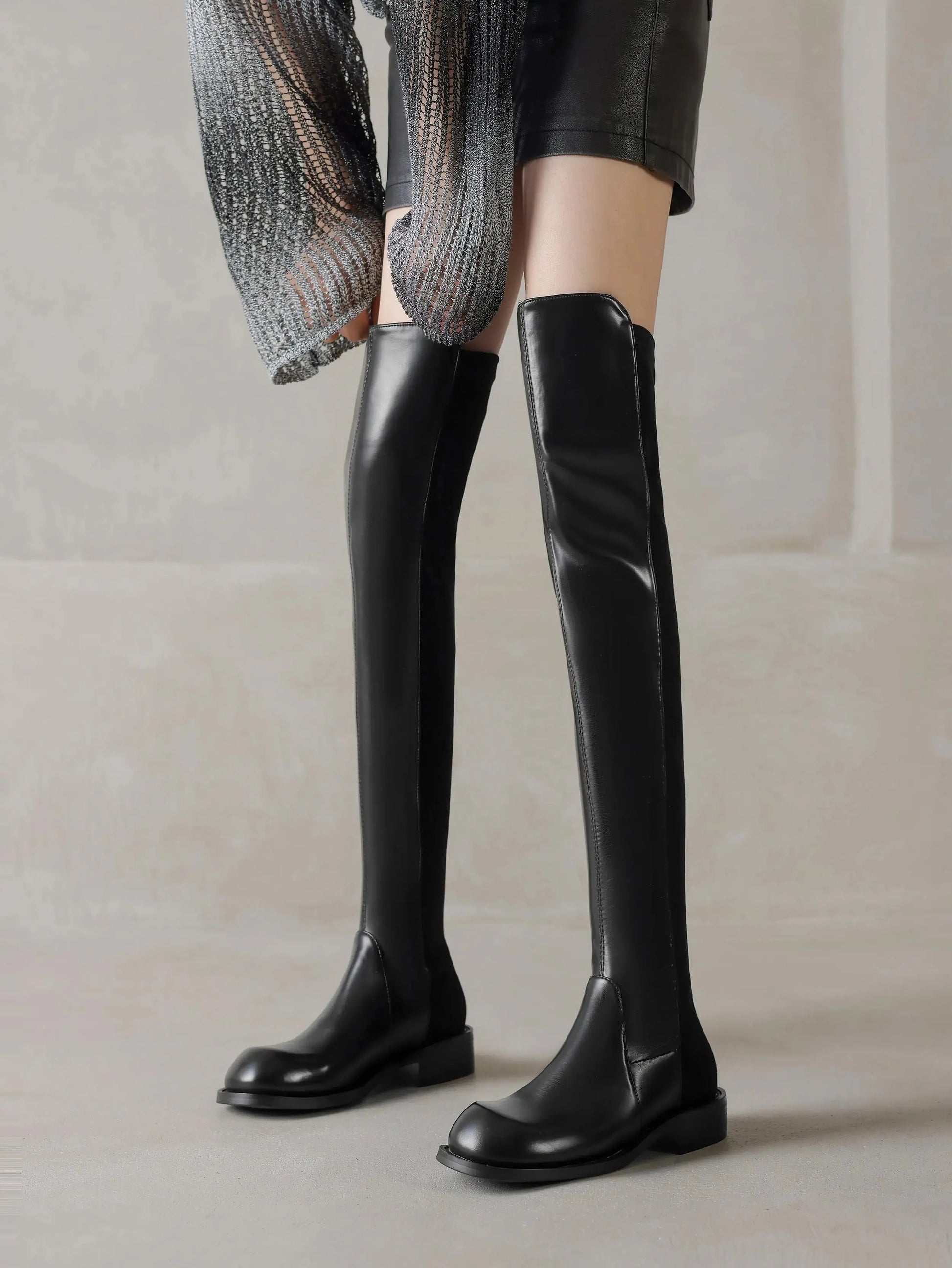 Microfiber Low Heels Round Toe Stretch Long Boots - Ghoddosh