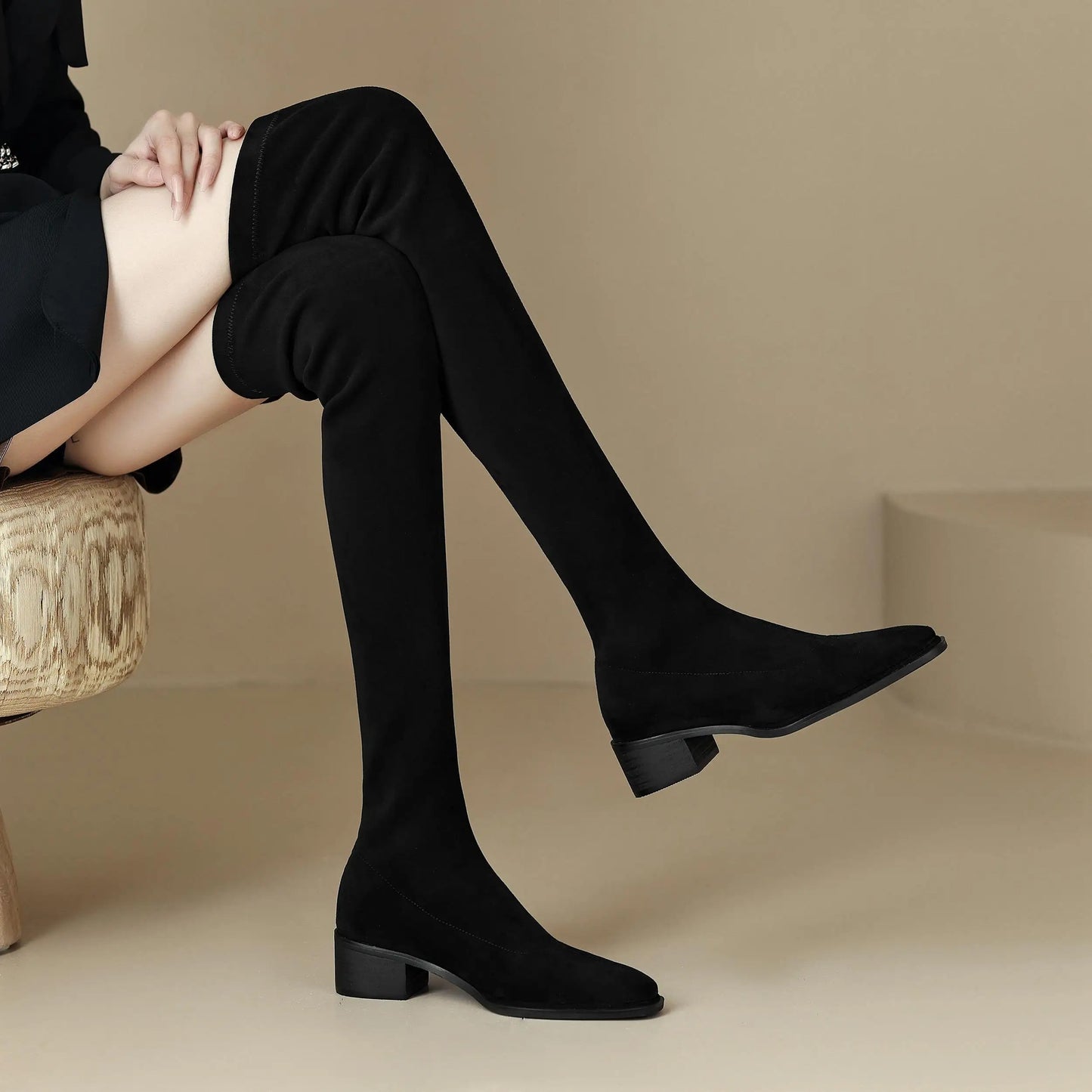 English Style Med Heels Thin Leg Square Toe   , New Stretch Slip on Over-the-knee Boots - Ghoddosh
